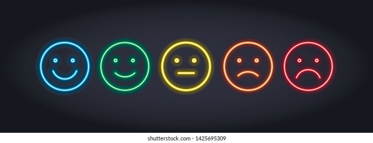 Vector neon icon set for mood tracker. Five color lamp illuminated emotion smile from satisfied to anger isolated on black. Emoticon element of UI design for client rating, feedback, survey