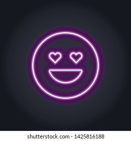 Vector neon icon for social media. Love smile with heart eye light glowing symbol in circle frame isolated on black. Emoticon element of UI design for web, promotion, advertisment.