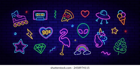 Vector Neon icons and glow signs retro set of alien head, flamingo, pizza slice, audio cassete, unicorn, rainbow. Neon elements on brick wall background for bar, party and night club banner dsgn