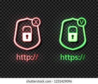 Vector Neon Icons: http and https Protocols with Lock, Green and Red Bright Symbols, Check and Cross: Right and Wrong Symbols.