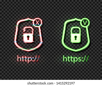 Vector Neon Icons: http and https Protocols with Lock, Green and Red Bright Symbols, Check and Cross: Right and Wrong Symbols, Glitch Effect.