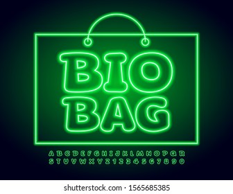 Vector neon illustration Bio Bag. Funny illuminated Font. Electric green Alphabet Letters and Numbers