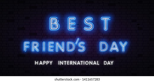Vector neon illustration card with colourful text for friendship day neon sign design template, light banner, night bright advertising 