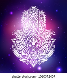 Vector neon illustration of Hamsa with boho pattern, background space with stars and nebula. Spiritual, magical illustration for your creativity