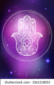 Vector neon illustration of Hamsa with boho pattern, background space with stars and nebula. Spiritual, magical illustration for your creativity