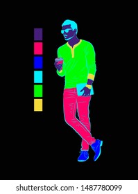 Vector neon illustration of a man. A man standing with a coffee .