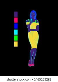 Vector neon illustration of a standing woman. Young woman in dress with telephone.