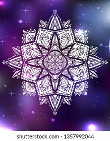 Vector neon illustration of zen mandala with boho pattern, space background with stars and nebula. Spiritual, magical card for your creativity