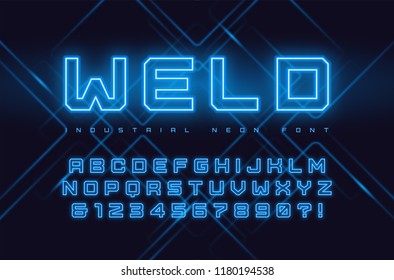 Vector neon industrial style vector display typeface, font, alphabet, typography. Global swatches.