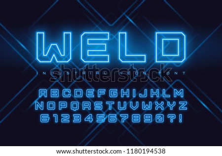 Vector neon industrial style vector display typeface, font, alphabet, typography. Global swatches.