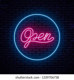 Vector neon inscription open, located in the center of the neon circle frame. Sketch for a signboard. Vector Illustration.
