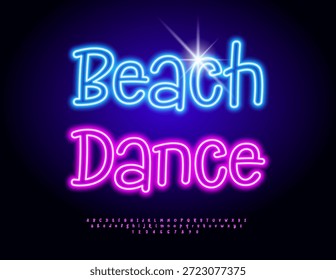 Vektor Neon Einladung Beach Party. Glühende glühende Schrift. Led hellblaue Alphabet Buchstaben und Zahlen gesetzt.