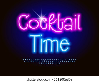 Vector Neon invitation Cocktail Time. Joyful Glowing Font. Blue Electric Alphabet Letters and Numbers set.