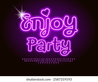 Vector Neon invitation Enjoy Party. Electric Playful Font. Glowing Pink Alphabet Letters and Numbers