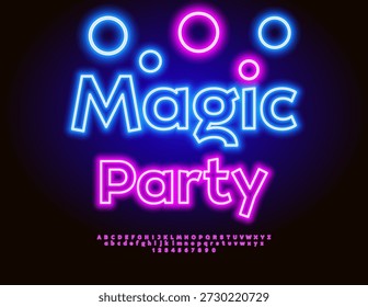 Vector Neon invitation Magic Party. Joyful Glowing Font. Led Light Alphabet Letters and Numbers set.