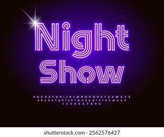 Vector Neon invitation Night Show. Violet Glowing Font. Maze style Alphabet Letters and Numbers set.