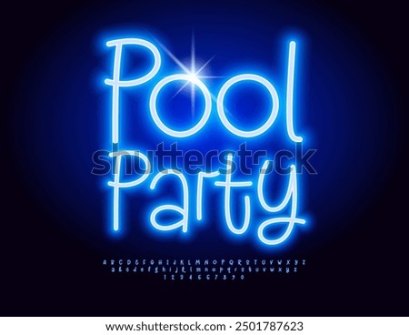 Vector neon invitation Pool Party. Bright Glowing Font. Electric Blue Alphabet Letters and Numbers set.