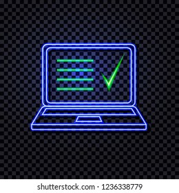 Vector Neon Laptop with Abstract List and Check Mark Isolated on Transparent Background, Shining Liner Illustration on Dark Backdrop.