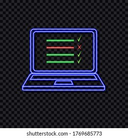Marco de neón vectorial para portátil con una lista de verificación, ilustración brillante colorida aislada en un fondo transparente oscuro, luces abstractas, marcas de verificación verdes e iconos y líneas de cruz roja.