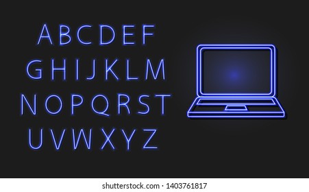 Vector Neon Laptop and Letters, Blue Glowing Font Isolated on Dark Background, Graphic Design Elements.