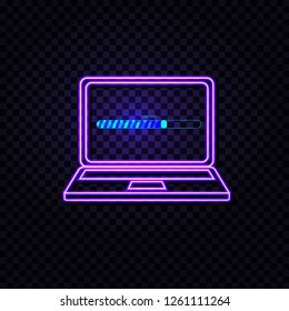 Vector Neon Laptop with Loading Icon on Screen, Something Loading, Technology Isolated on Dark Transparent Background Icon.