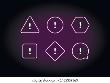 Vector neon light attention icon set. Glowing outline violet icons with exclamation point isolated on black background with glow. Design element for sale, survey, promo, important info, web, offer.