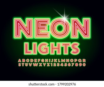 Vector Neon Light bright Font. Electric Freen and Red Alphabet, Glowing creative maze Letters and Numbers
