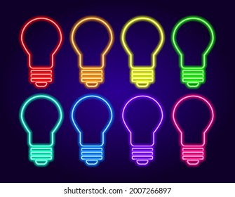 Vector neon light bulb. a set of insulated light bulbs of different colors, glowing elements on a dark background for a design template. a symbol of an idea, energy and electricity. Light effect