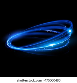 Vector neon light circle in motion. Glowing blue ring trace. Glitter magic sparkle swirl trail effect on black background. Bokeh glitter round wave line with flying sparkling flash lights.