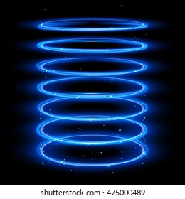 Vector neon light circle in motion. Glowing blue ring trace. Glitter magic sparkle swirl trail effect on black background. Bokeh glitter round wave line with flying sparkling flash lights.