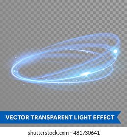 Vector Neon Light Circle In Motion. Glowing Blue Ring Trace. Glitter Magic Sparkle Swirl Trail Effect On Transparent Background. Bokeh Glitter Round Wave Line With Flying Sparkling Flash Lights