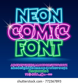 Vector neon light up Comic Font. Set of glowing Alphabet letters, Numbers and Punctuation Symbols