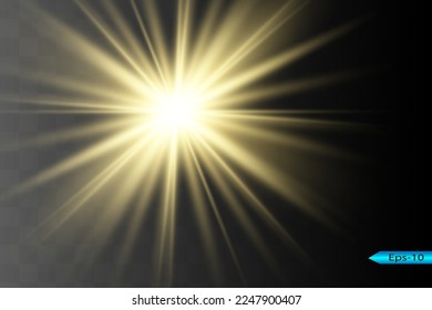 Vector Neon Light Effect. yellow glowing light explodes .Bright Star. Special line flare light effects for design and decor. Blue background.