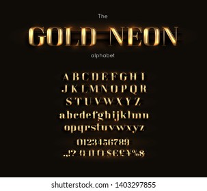 Vector neon light font and alphabet. Gold letters and numbers