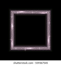 Vector neon light frame. Glowing trace. Glitter magic sparkle swirl trail effect on dark background. Bokeh glitter wave line with flying sparkling flash lights.