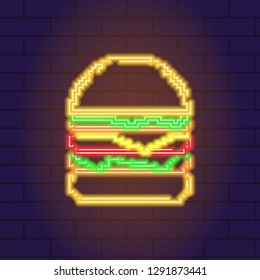 Vector neon light glowing icon of burger. Food adbertisement. Logo for fast food product