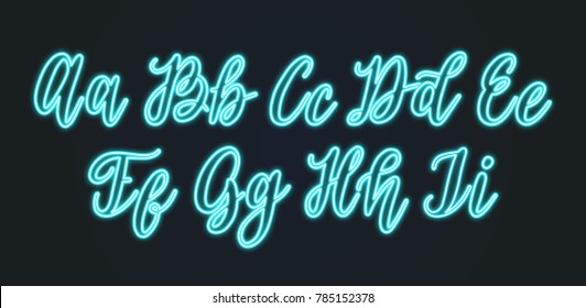 Vector neon light handwritten font. Calligraphic alphabet letters on black background.