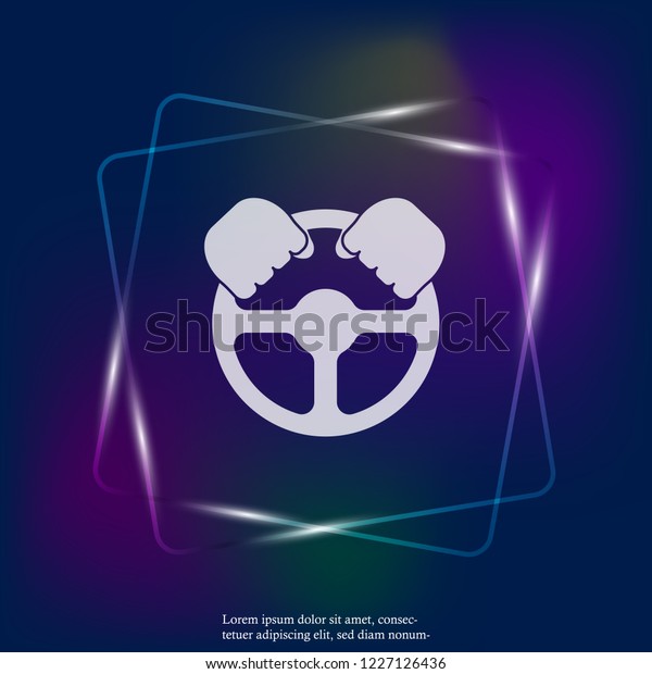 Vector neon light icon of car steering wheel and\
driver\'s hands. Layers grouped for easy editing illustration. For\
your design.