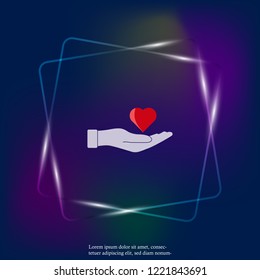 Vector neon light icon hand holding red heart. Flat design of the hand and red heart. Layers grouped for easy editing illustration. For your design.