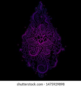 Vector neon light illustration of winged heart with crown, doodle tattoo flames and curls. Romantic cute and cozy linear design element. Fully editable and can be used for design and decoration.