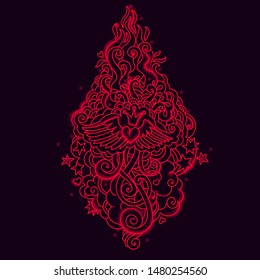 Vector neon light illustration of winged heart with crown, doodle tattoo flames and curls. Romantic cute and cozy linear design element. Fully editable and can be used for design and decoration.