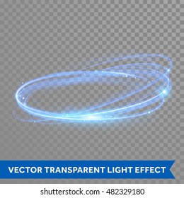 Vector neon light line circle in motion. Glowing blue ring trace. Glitter magic sparkle swirl trail effect on transparent background. Bokeh glitter round wave line with flying sparkling flash lights