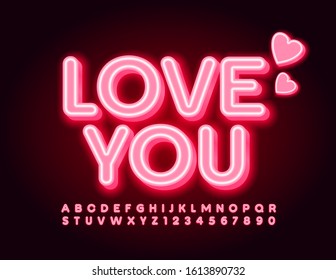 Vector Neon Light Poster I Love You! Set of Bright Shiny Alphabet Letters and Symbols. Glowing Red Font.