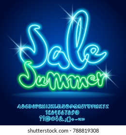 Vector neon light shopping promo poster Sale Summer. Set of bright Alphabet Letters, Numbers and Punctuation Symbols