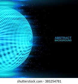 Vector neon lights background. Bright glowing sphere.  Abstract dark blue backdrop.
