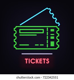 Vector Neon Line Art Ticket Icon Design. Simple and Clean Neon Tickets. Airplane, Train, Bus, Concert Minimalistic Style.