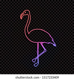 Vector Neon Line At Flamingo, Gradient Color Light, Outline Animal Silhouette Isolated on Dark Transparent Background.