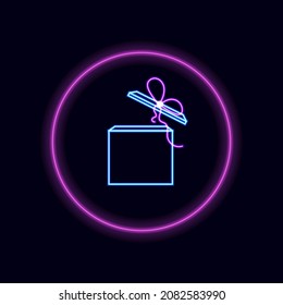 Vector Neon Line Gift Box in Glowing Circle, Isolated on Dark Background Illustration Template, Neon Sign, Illuminated Icon, Present Box, Celebration Concept.