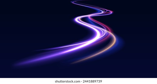 Vector neon lines swirl effect in the form of a road. Expressway, car headlight effect. Speed connection vector background.	