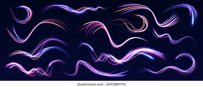 Vector neon lines swirl effect in the form of a road. Expressway, car headlight effect. Speed connection vector background.	